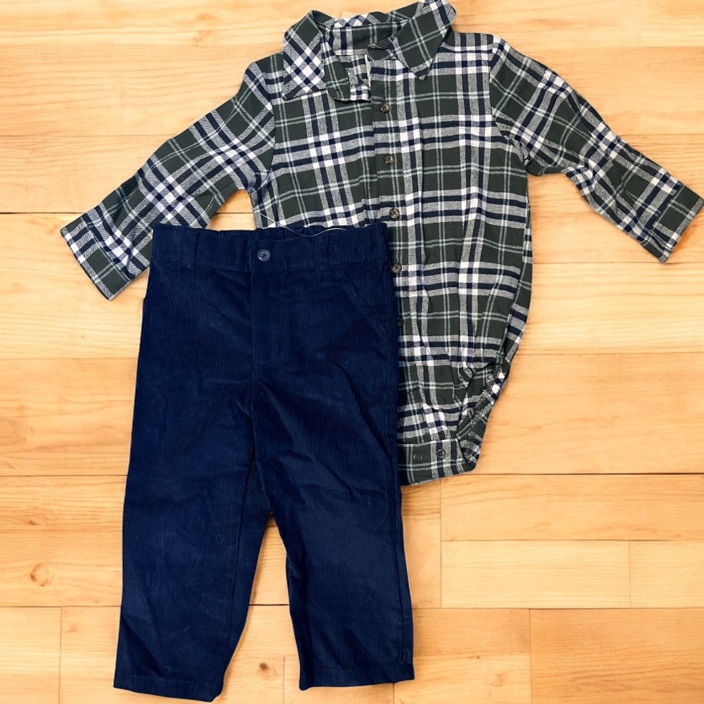 Carter’s Toddler Boy 2pc Plaid Button Shirt & Navy Pants Outfit 18M